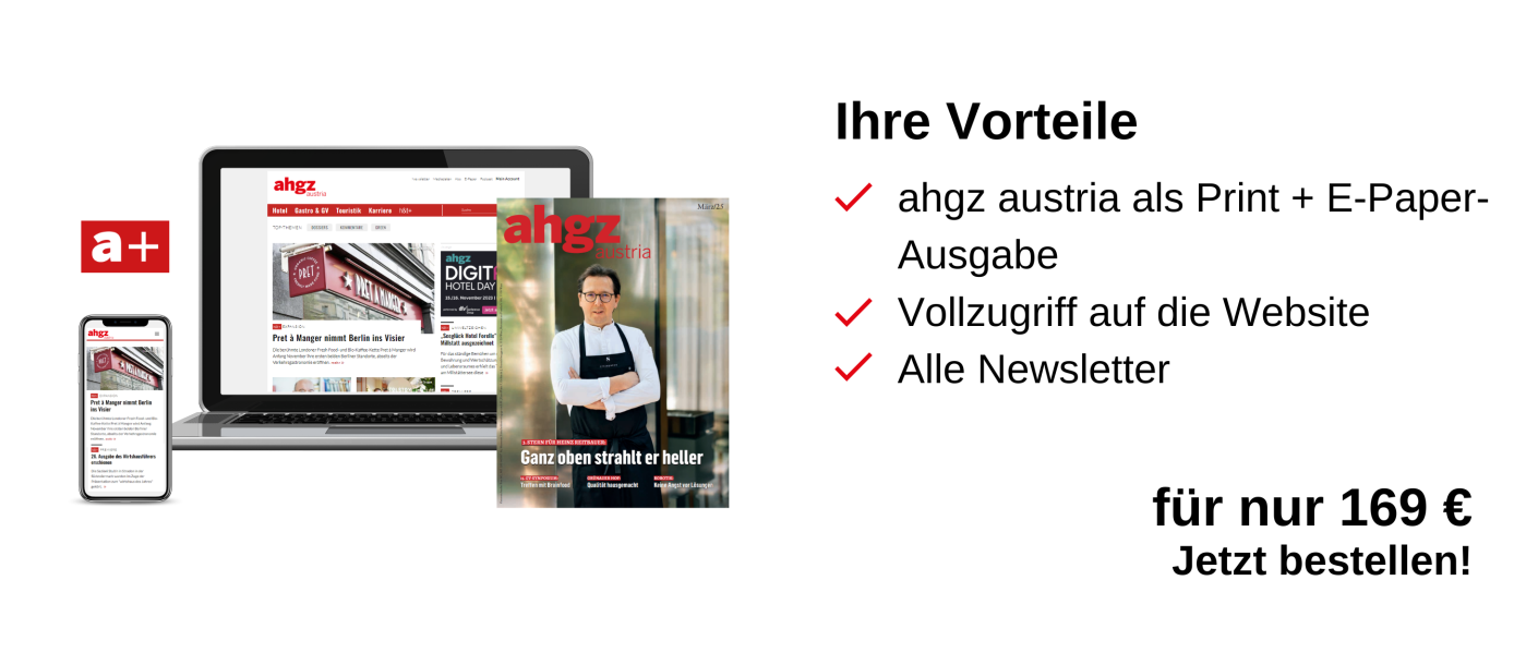 Rechts ist das Printprodukt und ein Laptop + Handy mit dem digitalen Angebot zu sehen und links ein Infokasten: Ihre Vorteile, ahgz austria als Print + E-Paper-Ausgabe, Vollzugriff auf die Website, Alle Newsletter, für nur 169 €, Jetzt bestellen!